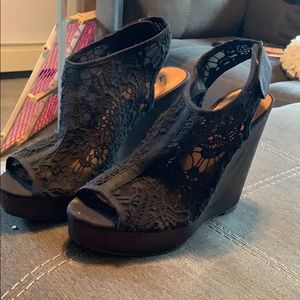 Womens black lace wedges